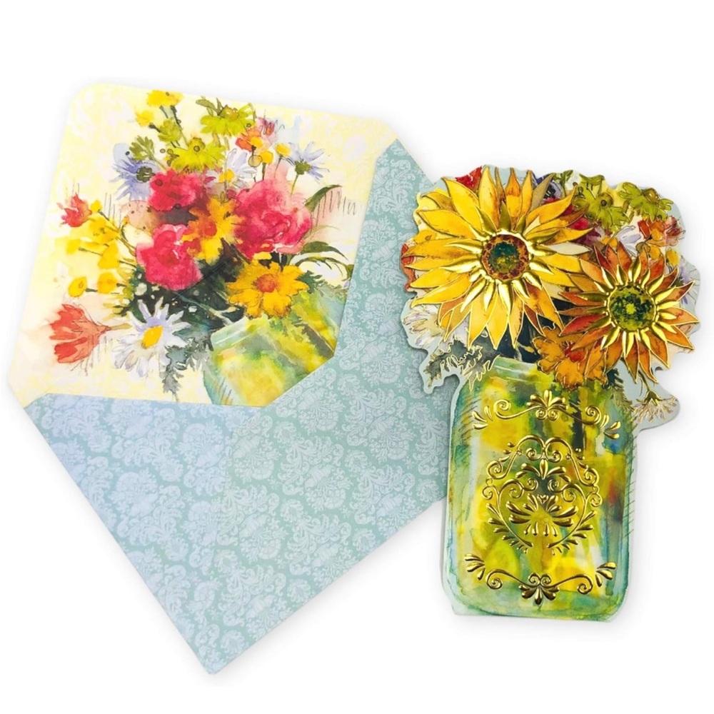 Punch Studio Single Gold Foil Fancy Blank Note Card: Sunflower Mason Jar (66920)